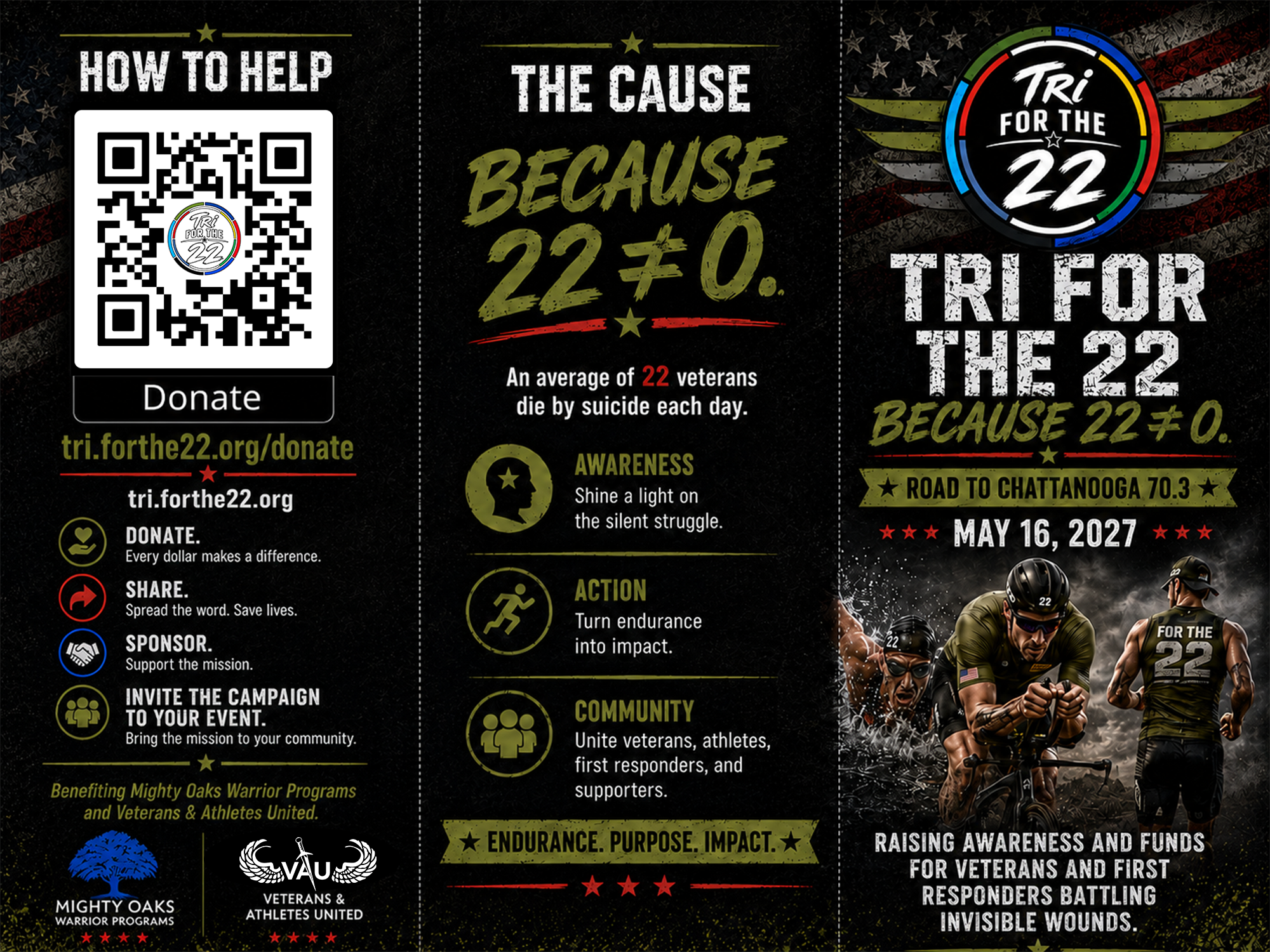 Tri For The 22 trifold brochure, front